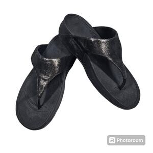 FitFlop Lulu Shimmersuede Toe Post Sandals, Black, Women's Size 9